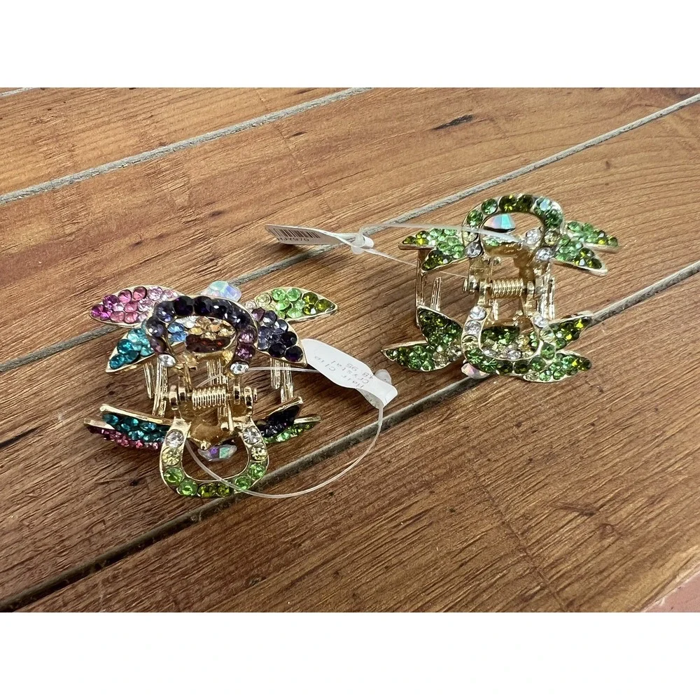 Set of 2 Gold Metal Flower Hair Claw Jaw Clips with Ombré Jewels Rhinestones NOS